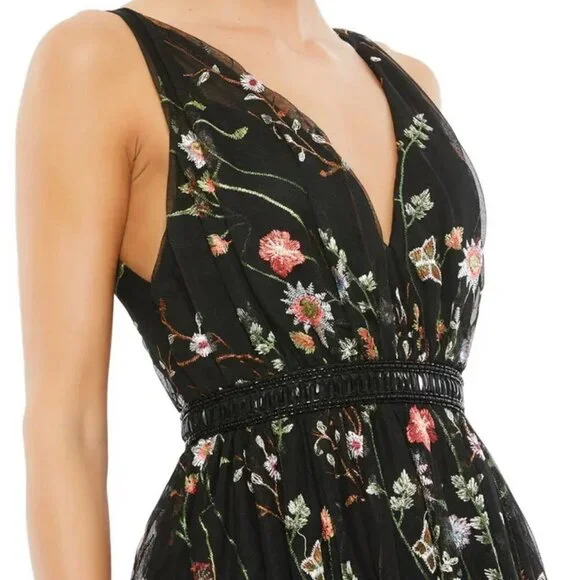 Mac Duggal Black Multi Floral Embroidered Mesh Midi Cocktail Dress - Picture 5 of 5